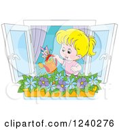 Poster, Art Print Of Happy Blond Girl Watering A Window Planter