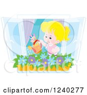 Poster, Art Print Of Happy Blond Caucasian Girl Watering A Window Planter