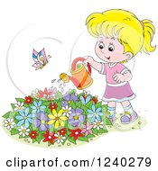 Poster, Art Print Of Happy Blond Girl Watering A Garden