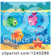Clipart Of Happy Fish And A Starfish Under The Surface Of Water 2 Royalty Free Vector Illustration