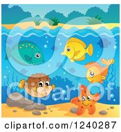 Clipart Of Happy Fish And A Starfish Under The Surface Of Water 3 Royalty Free Vector Illustration