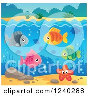 Clipart Of Happy Fish And A Starfish Under The Surface Of Water Royalty Free Vector Illustration