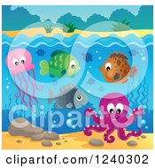 Poster, Art Print Of Happy Sea Creatures Under The Waters Surface