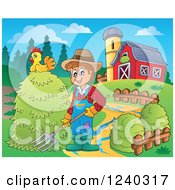 Poster, Art Print Of Farmer Guy With A Pitchfork Pile Of Hay In A Barnyard