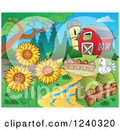 Poster, Art Print Of Barnyard With A Chicken And Sunflowers