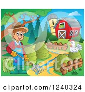 Poster, Art Print Of Farmer Guy With A Pitchfork And Chicken In A Barnyard