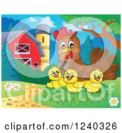 Clipart Of A Happy Mother Hen And Chicks In A Barnyard Royalty Free Vector Illustration