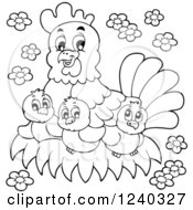 Clipart Of A Black And White Happy Mother Hen And Chicks Royalty Free Vector Illustration