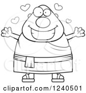 Clipart Of A Black And White Loving Chubby Buddhist Man With Open Arms And Hearts Royalty Free Vector Illustration