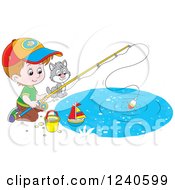 Clipart Of A Brunette Caucasian Boy And Cat Fishing Royalty Free Vector Illustration