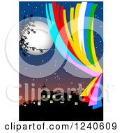 Clipart Of A Full Moon Over A City At Night With Colorful Drapes Royalty Free Vector Illustration