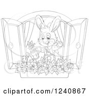 Poster, Art Print Of Black And White Female Bunny Rabbit Watering A Window Flower Garden