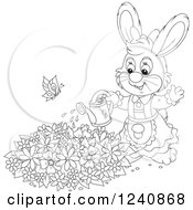 Poster, Art Print Of Black And White Female Bunny Rabbit Watering A Flower Garden