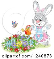 Poster, Art Print Of Gray Female Bunny Rabbit Watering A Flower Garden