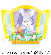 Poster, Art Print Of Female Bunny Rabbit Watering A Window Flower Garden
