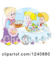 Poster, Art Print Of Caucasian Granny Serving An Easter Cake To Children