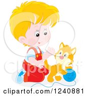 Poster, Art Print Of Blond Caucasian Boy Playing With A Kitten