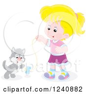 Clipart Of A Blond Caucasian Girl Playing With A Kitten Royalty Free Vector Illustration
