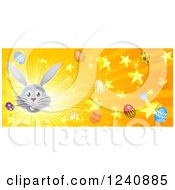 Poster, Art Print Of Website Banner Of A Burst Of Rays Stars Eggs And A Gray Easter Bunny