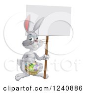 Poster, Art Print Of White Easter Bunny Holding A Sign And Basket