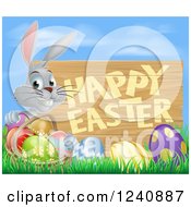 Clipart Of A Wood Happy Easter Sign With A Gray Rabbit And Eggs Against Blue Sky Royalty Free Vector Illustration