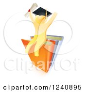 Poster, Art Print Of 3d Gold Man Graduate With A Diploma Cheering And Sitting On Books
