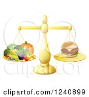 3d Golden Scale Comparing A Cheeseburger To Produce