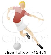 Blond Male Soccer Player Kicking A Ball During A Game Clipart Illustration by AtStockIllustration