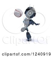 Poster, Art Print Of 3d Blue Android Robot Pitching At A Baseball Game 2