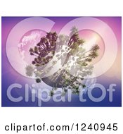 Clipart Of A 3d Palm Tree Planet Over A Purple Sky With Flares Royalty Free Illustration