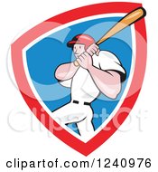 Clipart Of A Swinging Cartoon Baseball Player In A Shield Royalty Free Vector Illustration