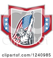 Retro American Revolutionary Soldier Patriot Minuteman Carrying A Flag In A Shield
