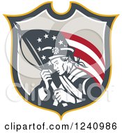 Poster, Art Print Of Retro American Revolutionary Soldier Patriot Minuteman With A Flag In A Shield