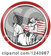 Clipart Of An American Cavalry Soldier Playing A Trumpet On Horseback Over An American Flag Royalty Free Vector Illustration by patrimonio
