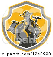 Poster, Art Print Of Retro Woodcut Farmer With A Rake And Bag Of Seed In A Shield