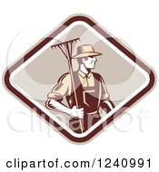 Poster, Art Print Of Retro Woodcut Farmer With A Rake In A Diamond