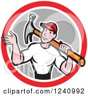 Clipart Of A Cartoon Handyman Waving And Carrying A Hammer In A Circle Royalty Free Vector Illustration