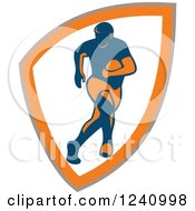 Clipart Of A Blue And Orange Rugby Player In A Shield Royalty Free Vector Illustration