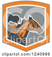 Retro Jockey Racing A Horse In A Gray And Orange Shield