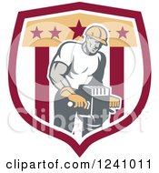 Clipart Of A Strong Worker Operating A Jackhammer In A Shield Royalty Free Vector Illustration