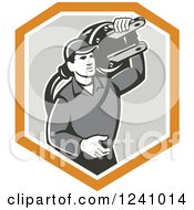 Clipart Of A Retro Male Electrician Carrying A Plug In A Gray And Orange Shield Royalty Free Vector Illustration