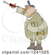 Clipart Of A Hispanic Worker Man Pointing With A Nut Driver Royalty Free Vector Illustration