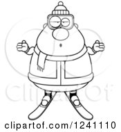 Clipart Of A Black And White Careless Shrugging Chubby Male Skier Royalty Free Vector Illustration