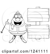 Clipart Of A Black And White Chubby Male Skier With Wooden Signs Royalty Free Vector Illustration