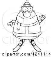 Clipart Of A Black And White Friendly Waving Chubby Male Skier Royalty Free Vector Illustration