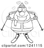 Clipart Of A Black And White Chubby Female Skier Royalty Free Vector Illustration