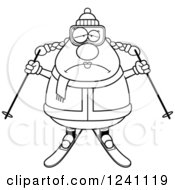 Clipart Of A Black And White Depressed Sad Chubby Female Skier Royalty Free Vector Illustration