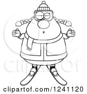 Clipart Of A Black And White Careless Shrugging Chubby Female Skier Royalty Free Vector Illustration