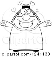 Clipart Of A Black And White Chubby Sheikh With Open Arms And Hearts Royalty Free Vector Illustration