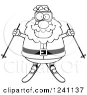Clipart Of A Black And White Happy Skiing Santa Holding Out Poles Royalty Free Vector Illustration